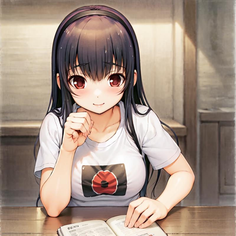 1678597094692745-2111424027-Miyuki, red eyes, black hair, hairband, pov across table, t-shirt, smile, blush.png